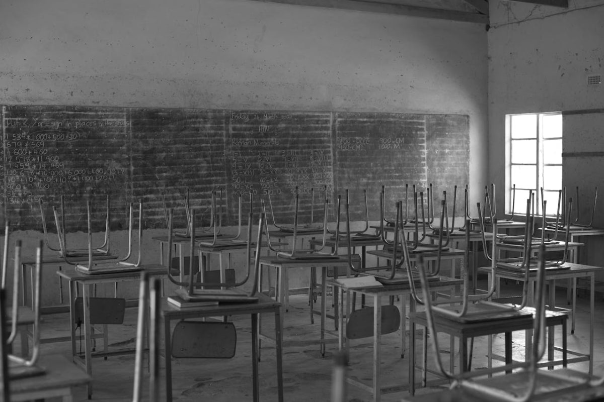 An empty classroom at the end of the day.